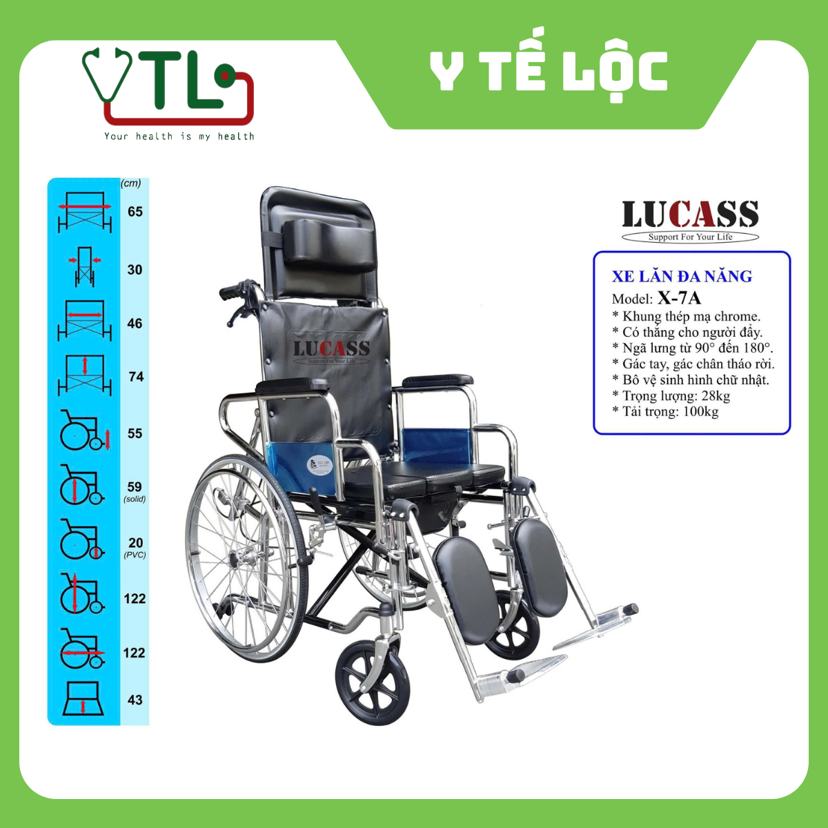 Xe lăn đa năng có bô vệ sinh ngả nằm chống lật Lucass X-7A