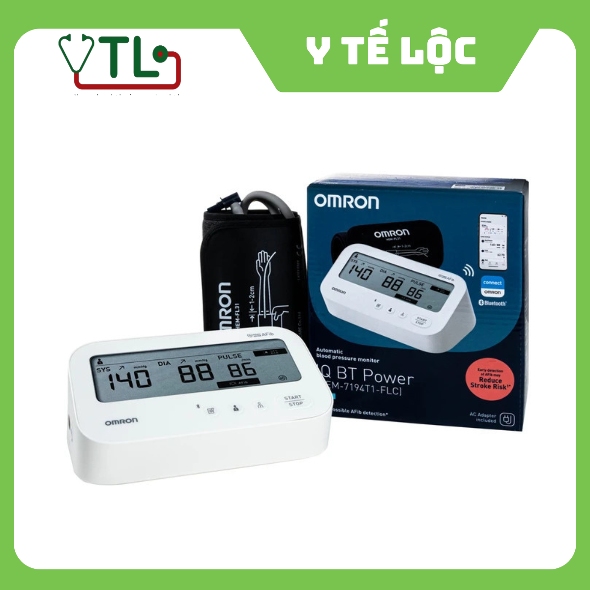 Máy đo huyết áp bắp tay Omron IQ BT Power Hem 7194T1 Flc Afib hỗ trợ đo huyết áp, cảnh báo đột quỵ