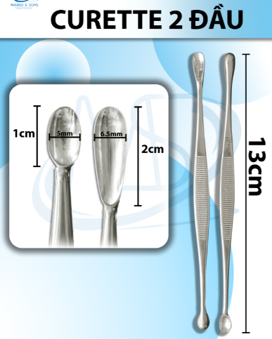 Curette 2 đầu 13cm, nạo ổ sắc 13cm (Đầu lớn D2cm R6.5mm) (Đầu nhỏ D1cm R5mm)