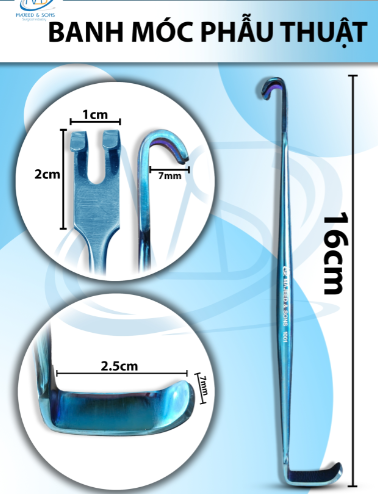 Banh móc phẫu thuật Dài 16cm, đầu móc 2x1cm, đầu kia 2,5x0.7cm