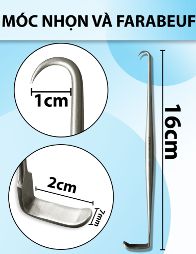 Móc nhọn và farabeuf 16cm Đầu móc 1cm đầu cung,Vuông D2 R7mm