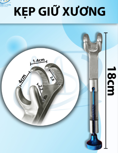 kẹp giữ xương có chốt vặn Dài 18cm Độ mở rộng max 4cm dài đầu lớn 2,2 đầu nhỏ 2,8 ngang 1,4