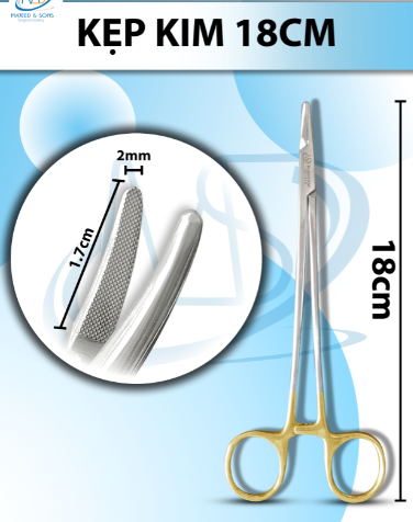 Kẹp kim 18cm cong, đầu D1.7cm R2mm cán vàng có tips TC không cắn chỉ tuột chỉ