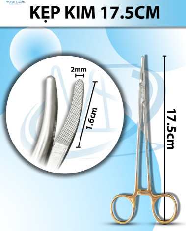 Kẹp kim 17cm cong, đầu D1.6cm R2mm cán vàng có tips TC không cắn chỉ tuột chỉ