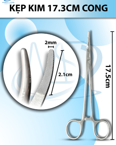 Kẹp kim 17.5cm cong, đầu D2.1cm R2mm, có tips TC không cắn chỉ tuột chỉ