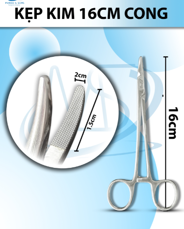 Kẹp kim 16cm cong, đầu D1.5cm R2mm có tips TC không cắn chỉ tuột chỉ
