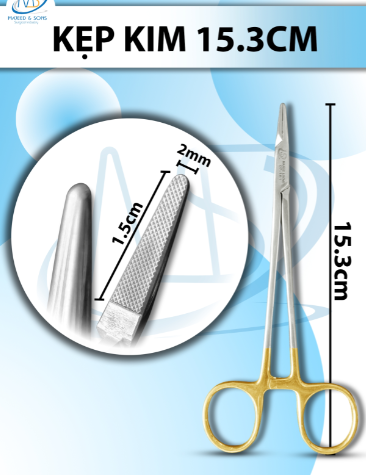 kẹp kim 15.3cm, đầu nhỏ D1.5cm R2mm, kìm mang kim có tips TC không tuột chỉ, khóa nhẹ thay