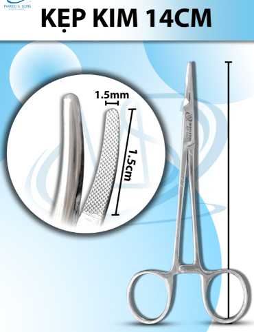 Kẹp kim 14cm, đầu cong D1.5cm R1.5mm, Kìm mang kim có Tips TC không cắn chỉ tuột chỉ