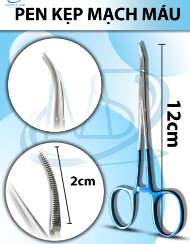 Pen 12cm kẹp mạch máu, đầu nhỏ thân nhỏ Lưỡi kẹp 2cm (cán xanh)