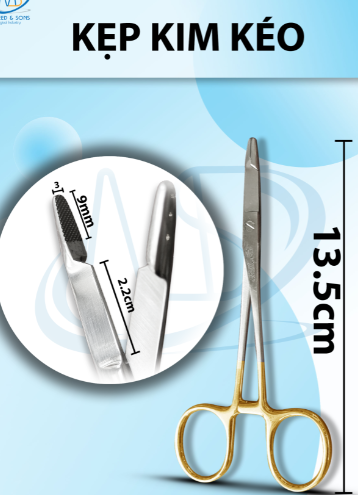 Kẹp kim kéo 13,5cm Đầu kẹp D9mm R3mm đầu kéo 2,2cm