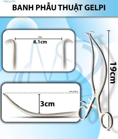 Banh Phẫu thuật Gelpi 19cm Dài 19 R-max 8,1cm độ cong cách mặt phẳng 3cm đầu nhọn