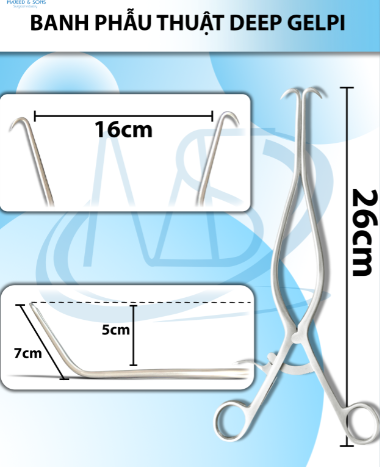 Banh phẫu thuật Deep Gelpi dài 26cm cong 7cm độ cong cách mặt phẳng 5cm R-max 16cm