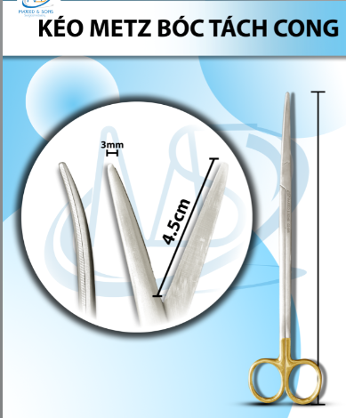 Kéo metz bóc tách 25cm cong TC, lưỡi kéo 4,5cm tù 3mm