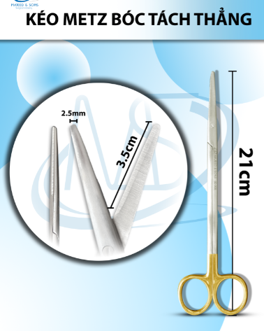 Kéo metz bóc tách 21cm Thẳng TC lưỡi kéo 3,5 tù 2,5mm