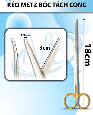 Kéo metz bóc tách 18cm cong TC,lưỡi kéo 3cm tù 1,5mm