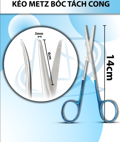 Kéo metz bóc tách 14cm cong TC cán xanh, đầu lưỡi dài 4cm, rộng 0,3mm