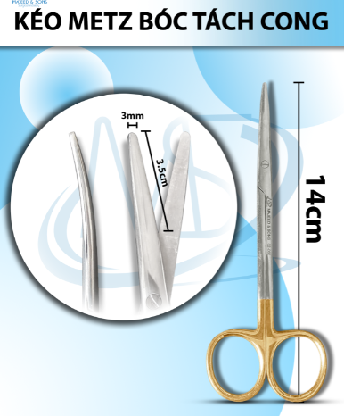 Kéo metz bóc tách 14cm cong TC cán vàng đầu lưỡi dài 3,5cm rộng 0,3mm