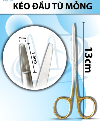Kéo đầu tù mỏng 13cm Lưỡi kéo D1,5 R2mm vàng