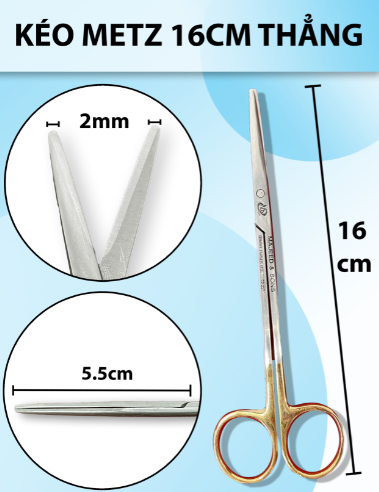 Kéo metz 16cm thẳng, kéo đầu to thân dày cắt khoẻ, kéo bóc tách gân cơ
