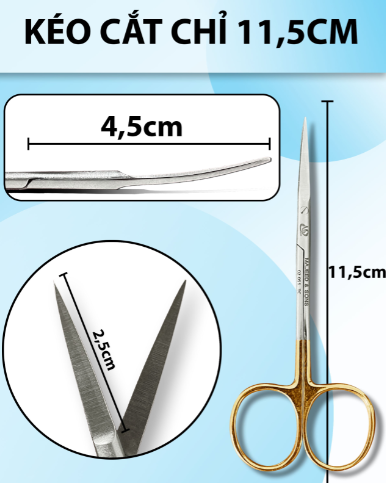 Kéo cắt chỉ 11,5cm, kéo y tế, kéo cắt mí mắt thân nhỏ lưỡi mỏng cong