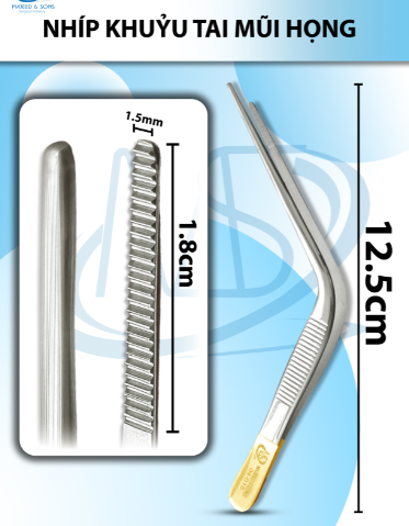 Nhíp khuỷu tai mũi họng 12.5cm D1.8cm, Đầu nhíp 1.5mm