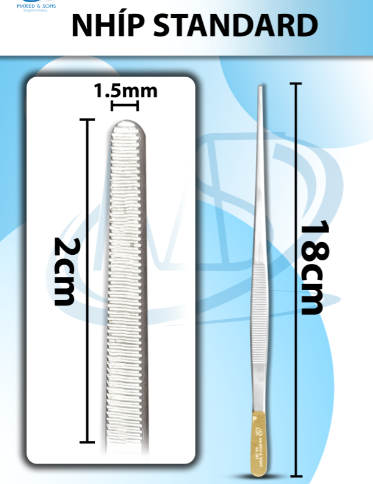 Nhíp standard KM, Nhíp phẫu tích KM 18cm, đầu nhíp D2cmxR1,5mm
