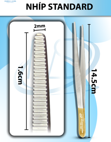 Nhíp Standard 14,5cm không mấu, nhíp phẫu tích đầu nhíp d1,6cmxr2mm