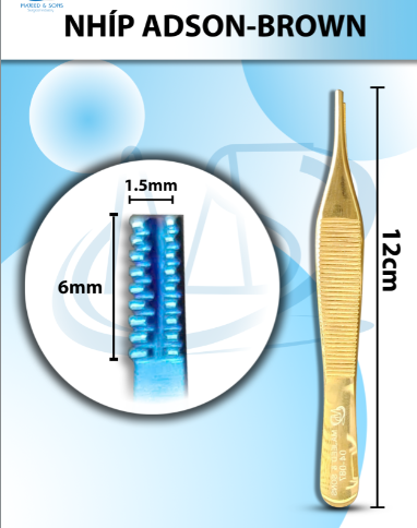 Nhíp Adson-Brown 12cm đầu nhíp D6mmxR2mm (full xanh, full vàng)