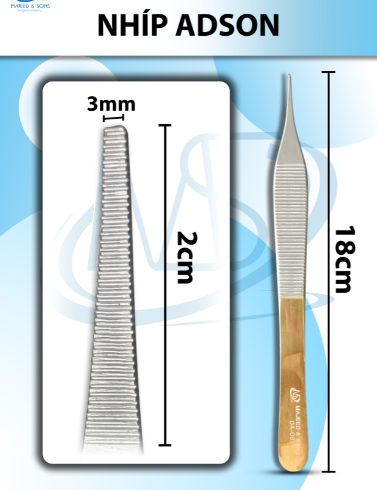 Nhíp Adson 18cm không mấu, đầu nhíp D2,1cmxR1.5mm