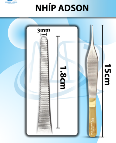 Nhíp Adson 15cm không mấu, đầu nhíp d1,8cmxR1mm2