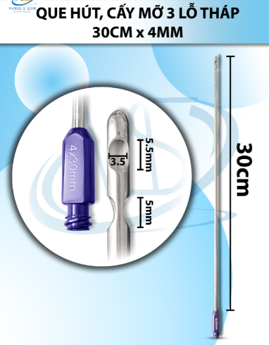 Que hút mỡ 30cmx4mm 3 lỗ Tháp lỗ to D5.5mm R3.5mm, lỗ nhỏ D5mm R3.5mm