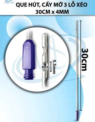 Que hút mỡ 30cm x 4mm 3 lỗ xéo lỗ D5.5mm R4mm