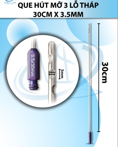 Que hút mỡ 30cm x 3.5mm 3 lỗ tròn xéo D5mm R3mm