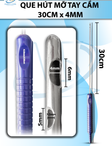Que hút mỡ tay cầm 4mmx30cm, 3 lỗ tháp tròn, lỗ to d6mmxr4mm, 2 lỗ nhỏ d5mmx3,5mm