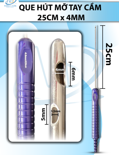 Que hút mỡ tay cầm 4mmx25cm, 3 lỗ tháp tròn, lỗ to d6mmxr4mm, 2 lỗ nhỏ d5,5mmxr3,5mm