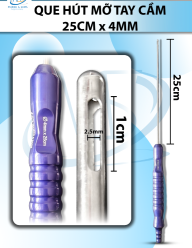Que hút mỡ tay cầm 4mmx25cm, 3 lỗ dài lỗ d1cmxr2,5mm