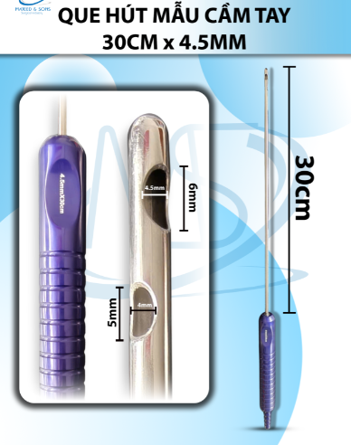 Que hút mỡ tay cầm 4,5mmx30cm, 3 lỗ tháp tròn, lỗ to d6mmxr4,5mm, 2 lỗ nhỏ d5mmxr4mm