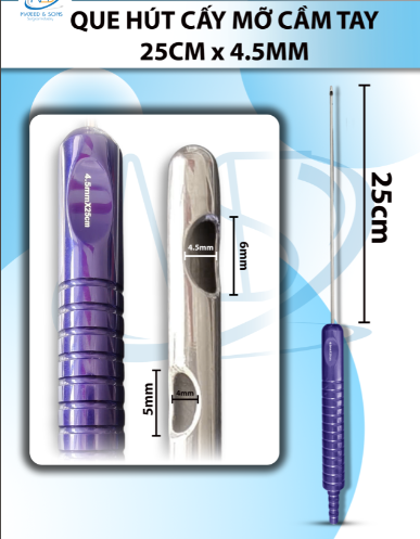 Que hút mỡ tay cầm 4,5mmx25cm, 3 lỗ tháp tròn, lỗ to d6mmxr4,5mm, 2 lỗ nhỏ d5mmxr4mm