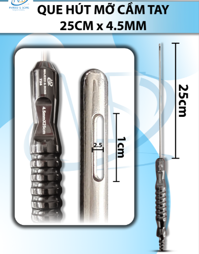 Que hút mỡ tay cầm 4,5mmx25cm, 3 lỗ dài lỗ d1cmxr2,5mm