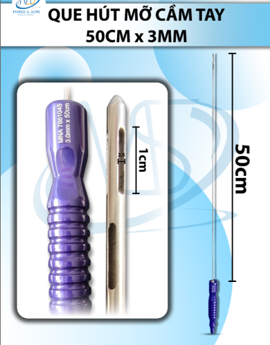 Que hút mỡ tay cầm 3mmx50cm, 3 lỗ tháp dài lỗ d1cmxr2,5mm