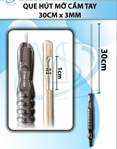 Que hút mỡ tay cầm 3mmx30cm 3 lỗ dài, lỗ d1cmxr2,5mm