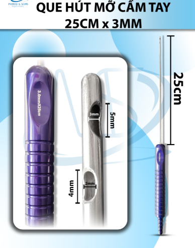 Que hút mỡ tay cầm 3mmx25cm, 3 lỗ tháp tròn, lỗ to d5mmxr3mm, 2 lỗ nhỏ d4mmxr2mm