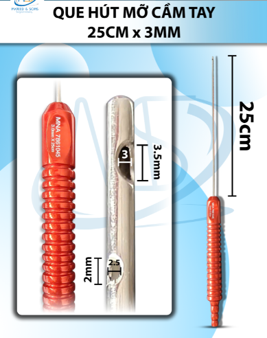 Que hút mỡ tay cầm 3mmx25cm, 3 lỗ tháp tròn, lỗ to d3,5mmxr3mm, 2 lỗ nhỏ d2mmxr2,5mm