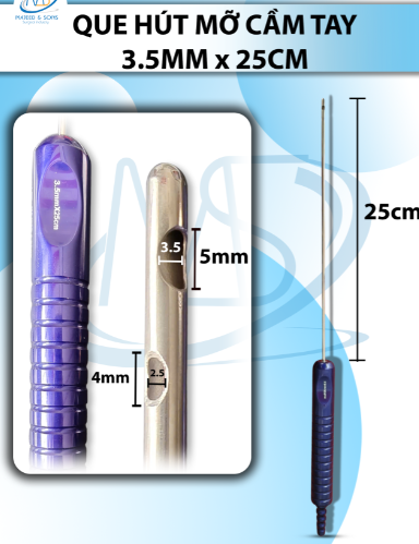 Que hút mỡ tay cầm 3,5mmx25cm, 3 lỗ tháp tròn, lỗ to d5mmxr3,5mm, 2 lỗ nhỏ d4mmxr2,5mm