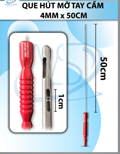 Que hút mỡ tay cầm 4mmx50cm, 3 lỗ tháp dài lỗ d1cmxr2,5mm