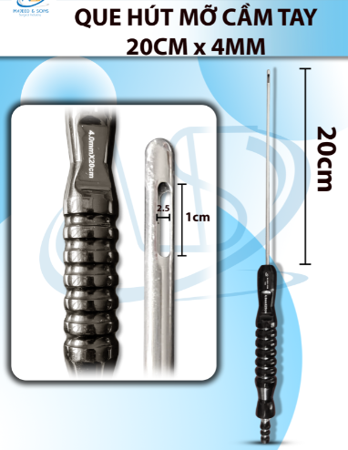 Que hút mỡ tay cầm 4mmx20cm, 3 lỗ dài lỗ d1cmxr2,5mm
