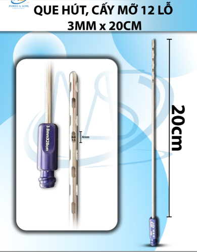 hút mỡ, kim hút 12 lỗ 3mmx20cm R1 5 D4