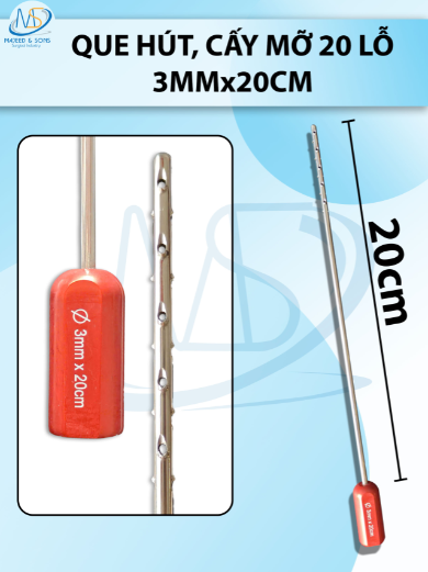 Que hút mỡ cấy 20 lỗ, lỗ sắc bén cắt mỡ tốt 3mmx20cm, lỗ 1x1mm cán đỏ