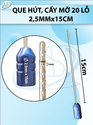 Que hút mỡ cấy 20 lỗ, lỗ sắc bén cắt mỡ tốt 2,5mmx15cm, 1x1mm