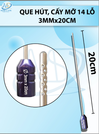 Que hút mỡ cấy 14 lỗ, lỗ sắc bén cắt mỡ tốt 3mmx20cm